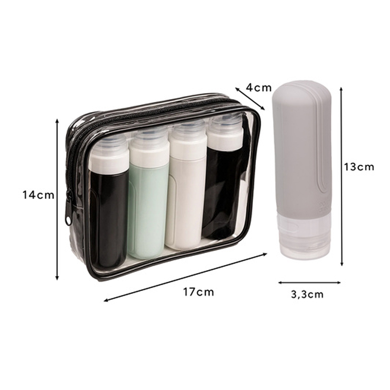 Kozmetická taška do lietadla + 4× 90 ml fľaštičky (TSA/IATA)