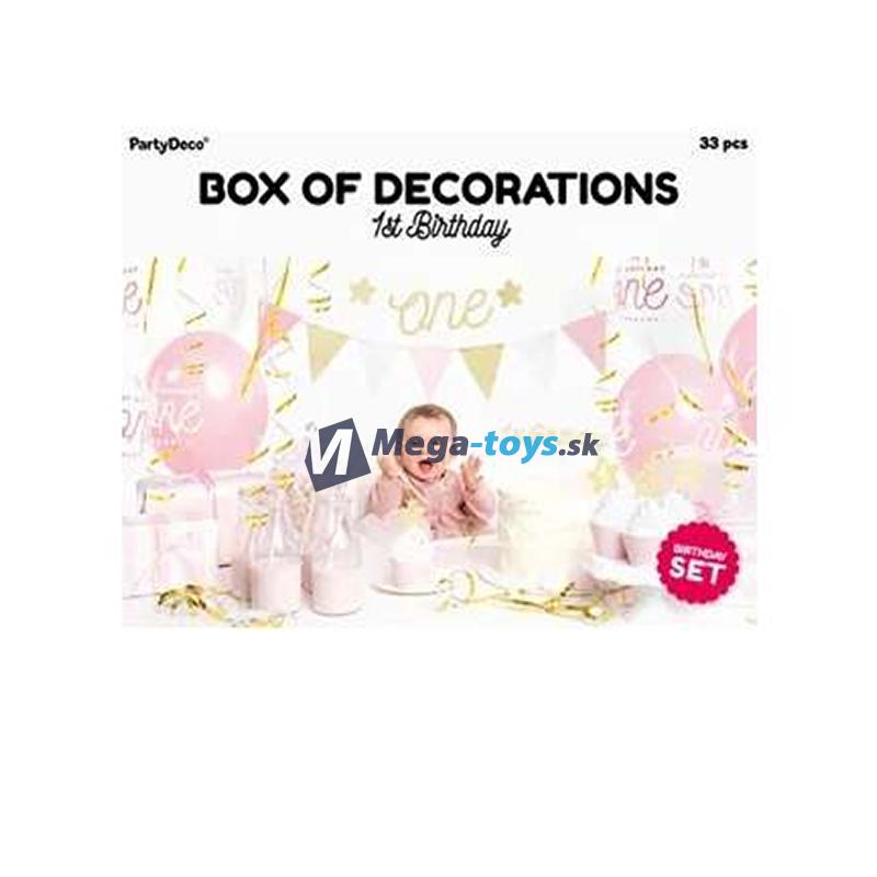 Sada 33 dekorácií na oslavu 1. narodenín v ružovej a zlatej farbe