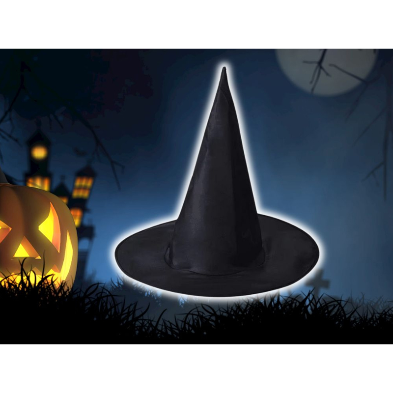 Čarodejnícky klobúk na Halloween – čierna špicatá čiapka ku kostýmu čarodejnice